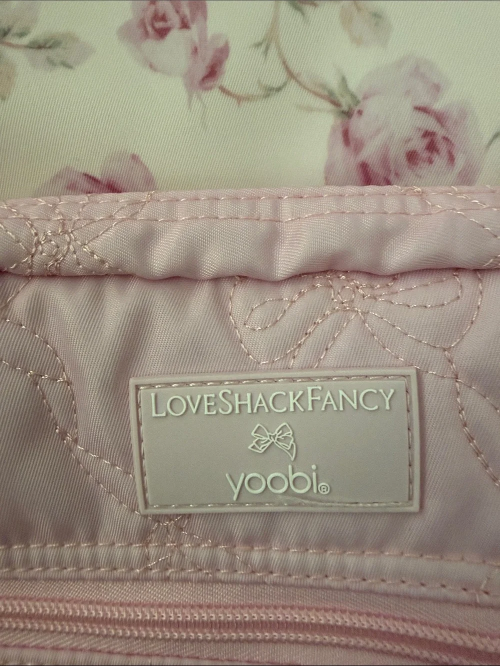 LoveShackFancy Pink Floral Quilted Kids Backpack with Bow Charm